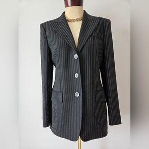 MaxMara Black 100% Virgin Wool Pinstripe Single-Breasted Blazer. Size 8